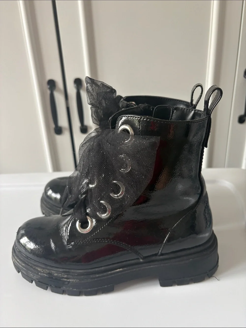 Nina Black Patent Sheer Ribbon Lace-Up Kids Boots